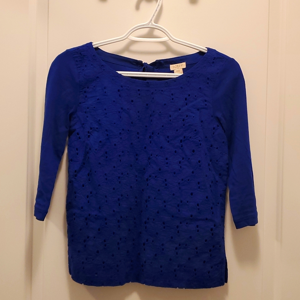 J. Crew Royal Blue Eyelet Top with Tie in Back, 3/4 Sleeve